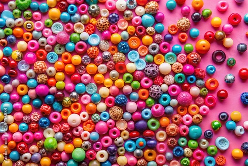 Vibrant Beads on a Soft Pink Background - Aerial Drone Photography of Colorful Jewelry for Crafting and Design Inspiration