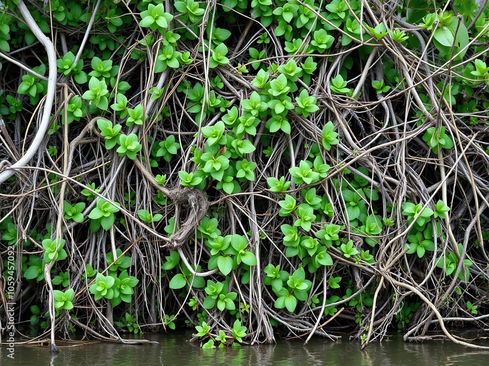 Fototapeta premium dense tangle of mangrove roots intertwined in a swampy forest, nature, tangled, lush