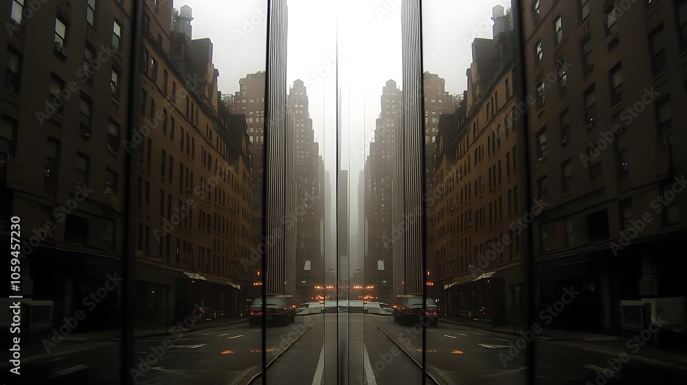 Naklejka premium Foggy Reflections: Glass facades of office towers mirror distorted versions of neighboring buildings. 