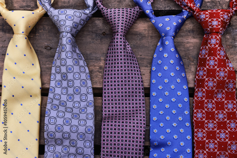 Collection of bold, colorful silver, blue, purple, plum, black, golden, yellow, red silk neck ties on a vintage, worn, wooden crate. For the office or special occasion. Collection of bold, colorful silver, blue, purple, plum, black, golden, yellow, red silk neck ties on a vintage, worn, wooden crate. For the office or special occasion.