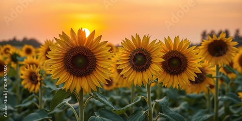 Field of big blooming sunflowers at sunset, field, farm field, bright