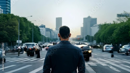 A man walks down a bustling street in Mexico City, surrounded by traffic and towering buildings under an overcast sky. timelapse