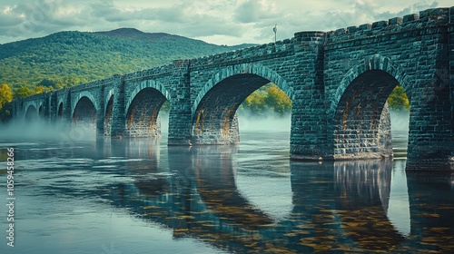 Fogbound Bridge: Arched bridges cross over misty streams, their reflections distorted yet captivating.  photo