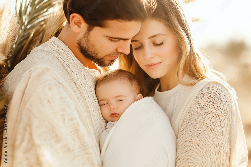 Gentle embrace of holy family in warm natural light with earthy textures, showcasing love and togetherness Gentle embrace of holy family in warm natural light with earthy textures, showcasing love and togetherness