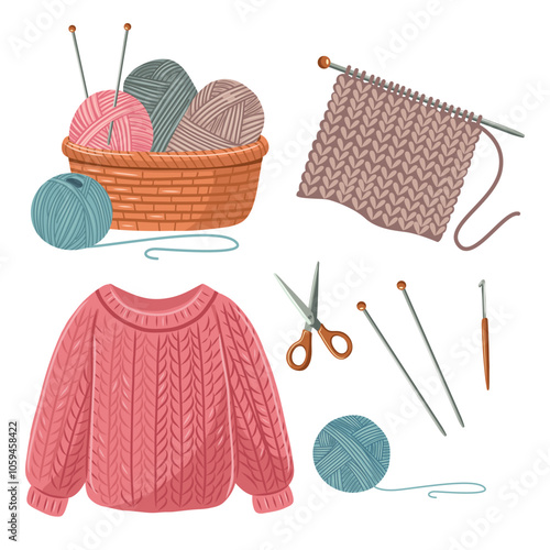 Knitting and needlework set. Handicraft, Yarn, scissors, sweater, knitting needles and hook, sweater. Vector illustration on white background.
