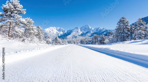 Snowy road with pine trees and mountains in distance creates serene winter landscape