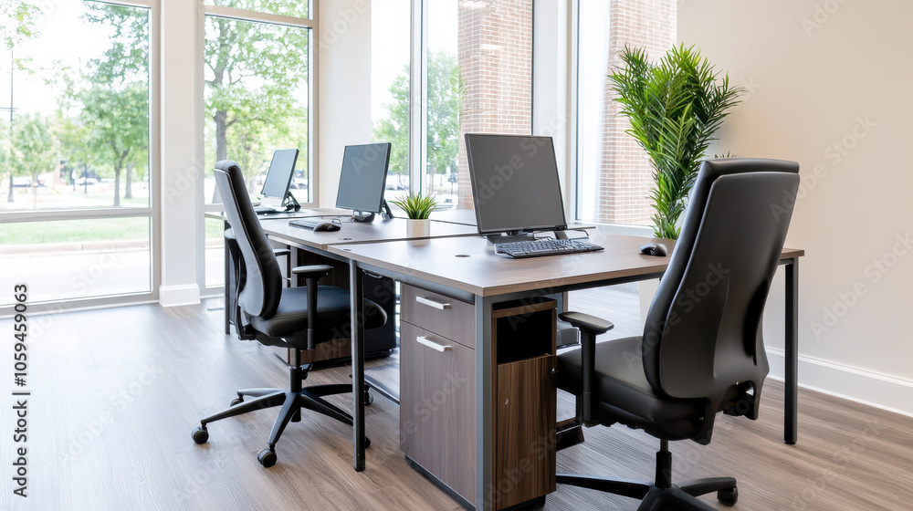 Stylish workspace with modern decor and natural light creates productive atmosphere Stylish workspace with modern decor and natural light creates productive atmosphere