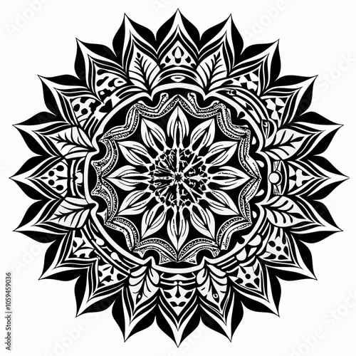 Detailed Black and White Mandala Illustration - Symmetrical Floral Pattern