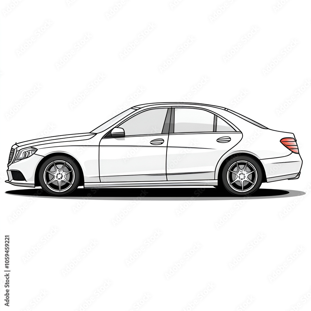 Fototapeta premium A detailed side view of a sleek white luxury sedan parked on a clean city street in bright daylight