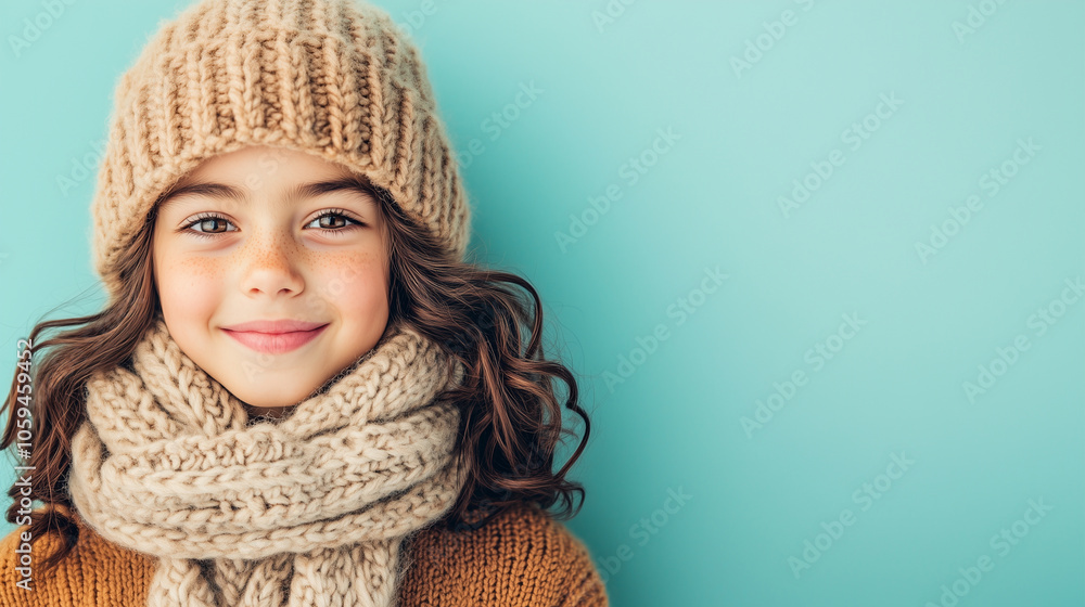 A child in a cozy fall sweater and scarf, smiling warmly, on an isolated muted green background 
