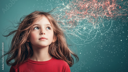 A girl with a thoughtful expression, surrounded by graphic tangled lines and floating ideas, illustrating the complex and busy mind of a child with ADHD.