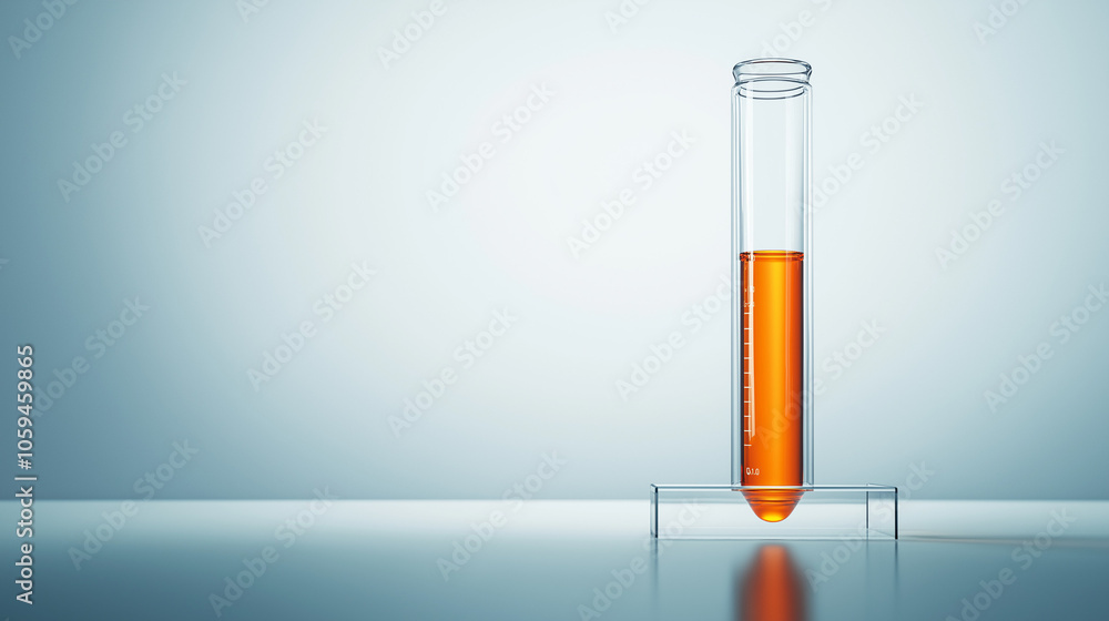 Bright Orange Liquid in Test Tube on Glass Stand in Modern Lab Setting, Highlighting Vibrant Color and Glass Detail for a Clean Laboratory Environment Bright Orange Liquid in Test Tube on Glass Stand in Modern Lab Setting, Highlighting Vibrant Color and Glass Detail for a Clean Laboratory Environment
