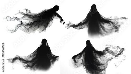 Realistic Halloween ghosts set PNG. Transparent isolated phantom. Flying spooky dead soul. Black smoke transparent horror monster.