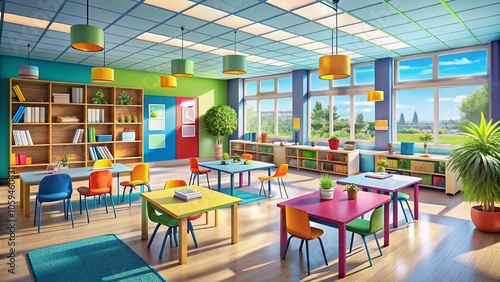 Vibrant Modern School Illustration with Bright Colors and Engaging Learning Environment for Educational Themes