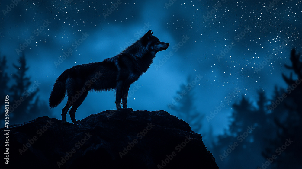 Lone Wolf Silhouetted on Rocky Cliff Against Starry Midnight Sky, Gothic Ink Art with Indigo and Charcoal Shadows, Wilderness View Lone Wolf Silhouetted on Rocky Cliff Against Starry Midnight Sky, Gothic Ink Art with Indigo and Charcoal Shadows, Wilderness View