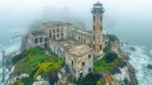 Alcatraz island lighthouse emerging from fog in san francisco bay