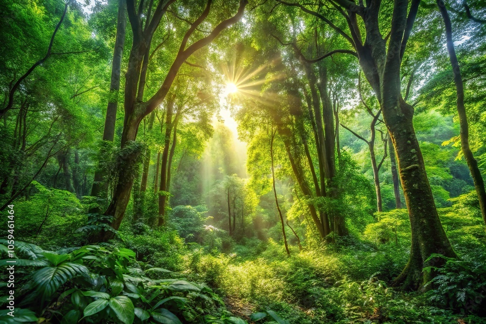 Fototapeta premium Lush forest with dense foliage and sunlight filtering through the canopy, plants, nature, arboreal