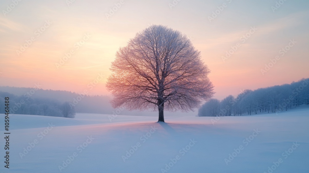 A lone tree with bare branches rises from a blanket of snow, bathed in soft morning light. The horizon glows with pastel colors, creating a peaceful winter atmosphere. A lone tree with bare branches rises from a blanket of snow, bathed in soft morning light. The horizon glows with pastel colors, creating a peaceful winter atmosphere.