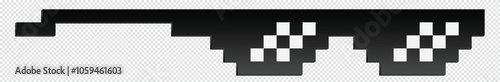 Black pixelated sunglasses. Stylish rapper mafia glasses for 8bit fashion prank and vector design