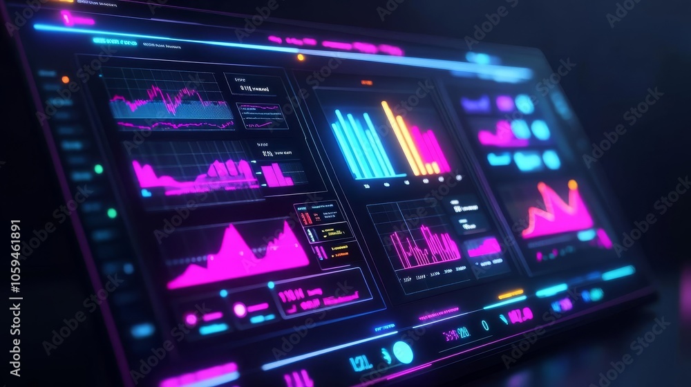Augmented financial dashboard, neon display, corporate environment Augmented financial dashboard, neon display, corporate environment