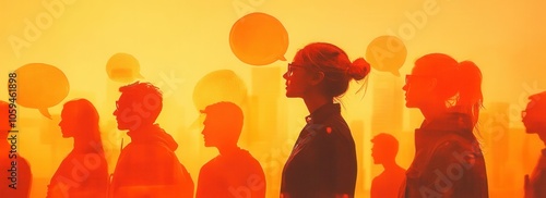 Silhouettes of developers with thought bubbles on a vibrant yellow background symbolizing innovation and brainstorming