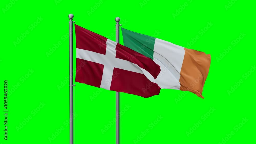 Ireland and Denmark flags flying together, video concept of the relationship with colored chroma key for easy background remove Ireland and Denmark flags flying together, video concept of the relationship with colored chroma key for easy background remove