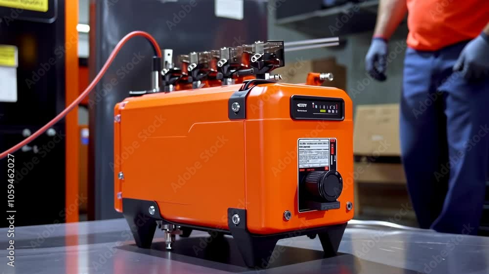 An orange industrial machine sits on a metal table in a warehouse An orange industrial machine sits on a metal table in a warehouse