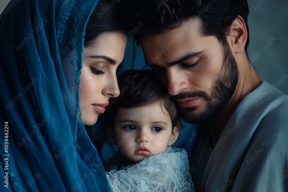 A serene moment of a holy family with mother in blue veil and father in simple robes gazing at their child A serene moment of a holy family with mother in blue veil and father in simple robes gazing at their child