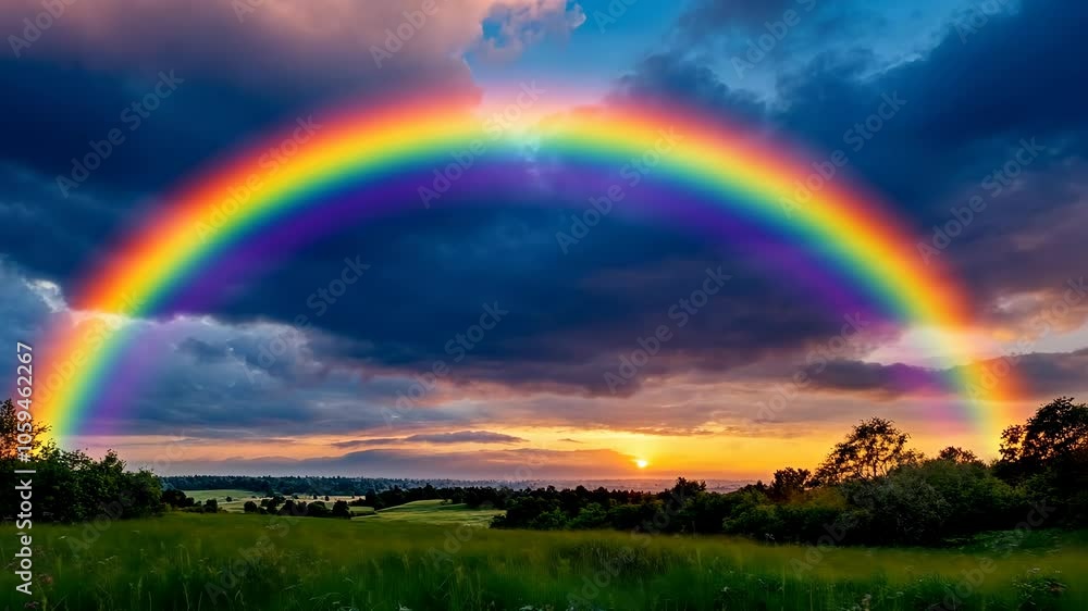 A vibrant rainbow arches over a field at sunset, creating a stunning display of color against the dramatic clouds A vibrant rainbow arches over a field at sunset, creating a stunning display of color against the dramatic clouds