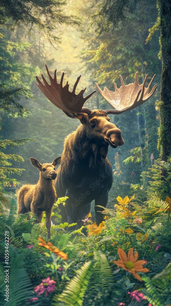 Moose family enjoying lush forest habitat Moose family enjoying lush forest habitat