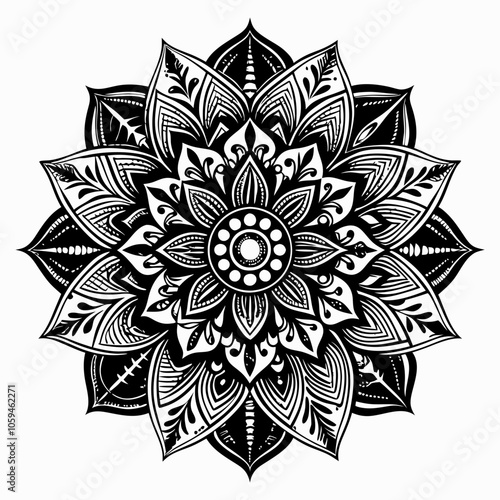 Detailed Black and White Mandala with Geometric and Floral Patterns
