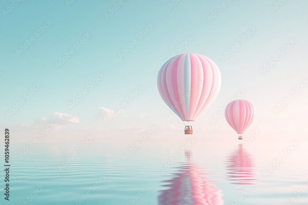 Fototapeta premium Pastel Hot Air Balloons Reflecting on Calm Water: A Dreamy Landscape