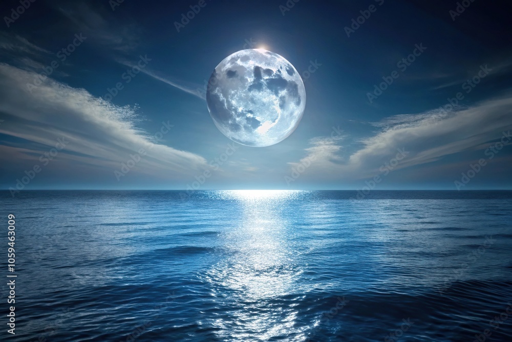 Moonlit night with a full moon casting silver light on the ocean surface, calm surface, ripples and waves Moonlit night with a full moon casting silver light on the ocean surface, calm surface, ripples and waves