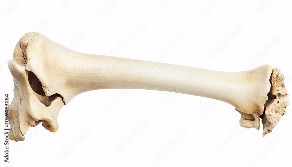 Fototapeta premium Isolated human humerus bone on a solid white background showcasing the anatomy and structure of the upper arm.