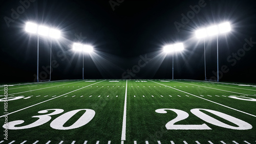 Brightly lit empty football field under stadium lights at night