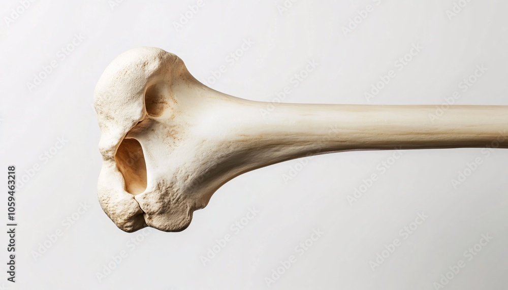 Isolated human humerus bone on a solid white background showcasing the structure and importance of the upper arm bone in human anatomy. Isolated human humerus bone on a solid white background showcasing the structure and importance of the upper arm bone in human anatomy.