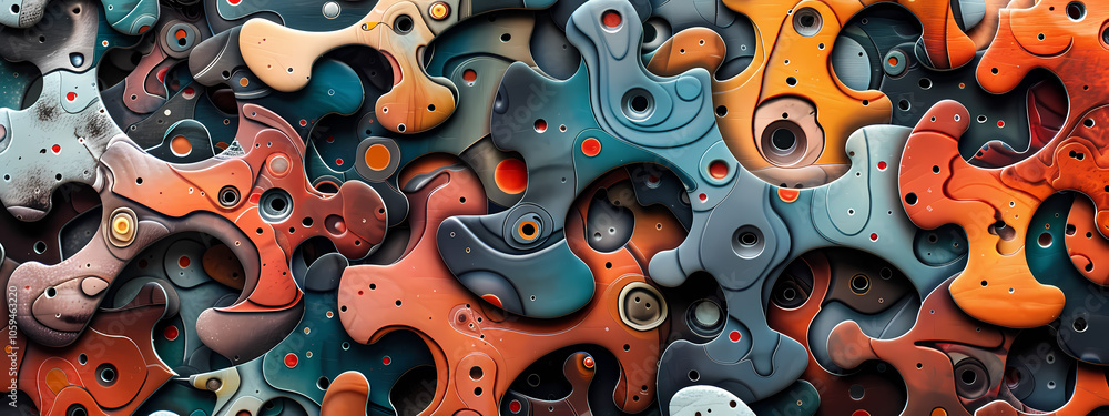 Naklejka premium An abstract design featuring interlocking shapes in vibrant hues of orange, blue, and grey, creating a dynamic and textured visual experience.