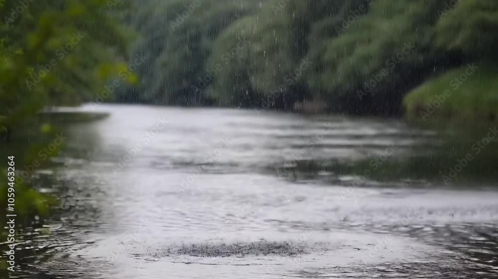 Capture a river during a gentle rain, with droplets creating ripples on the water's surface.