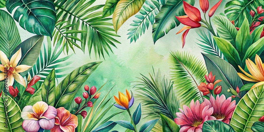 Naklejka premium Nature-inspired botanical wallpaper featuring lush greenery and vibrant tropical flowers in a watercolor style, inspiration, watercolor