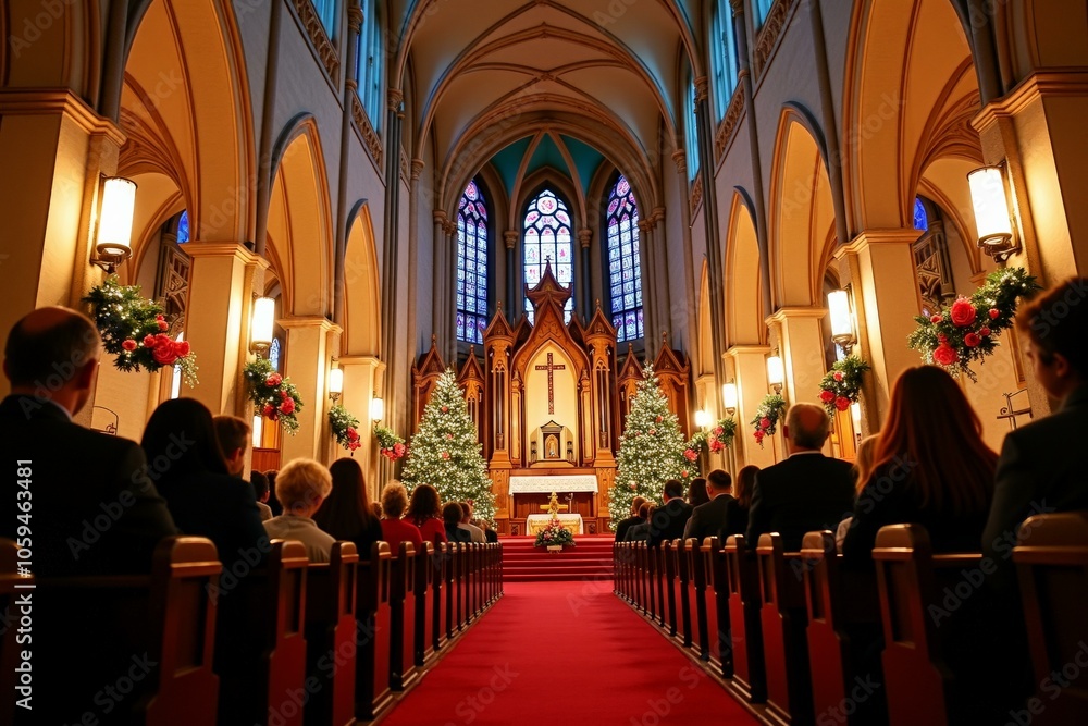 Fototapeta premium Serene Christmas Eve Mass inside Traditional Church, Devotees Kneel, Golden Light through Stained Glass Windows, Two Christmas Trees Flanking Altar, Joyful Spirit of Holiday