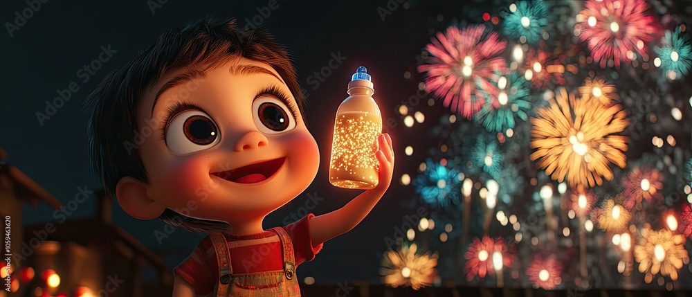 A young boy smiles brightly while holding a glowing bottle and watching fireworks in the night sky. A young boy smiles brightly while holding a glowing bottle and watching fireworks in the night sky.