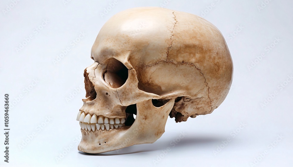 Isolated human skull on a solid white background showcasing the intricate details of human bone structure. Isolated human skull on a solid white background showcasing the intricate details of human bone structure.