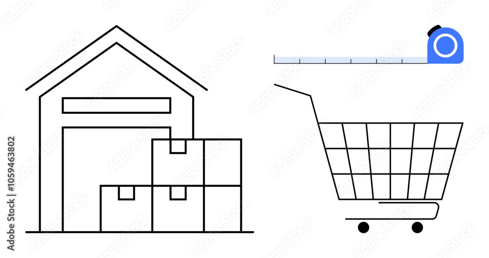 Black outline drawing of a warehouse with boxes, a shopping cart, and a tape measure in minimalist style Black outline drawing of a warehouse with boxes, a shopping cart, and a tape measure in minimalist style