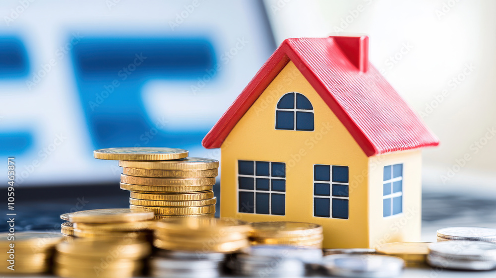 small house model sits beside stacks of coins, symbolizing real estate investment small house model sits beside stacks of coins, symbolizing real estate investment