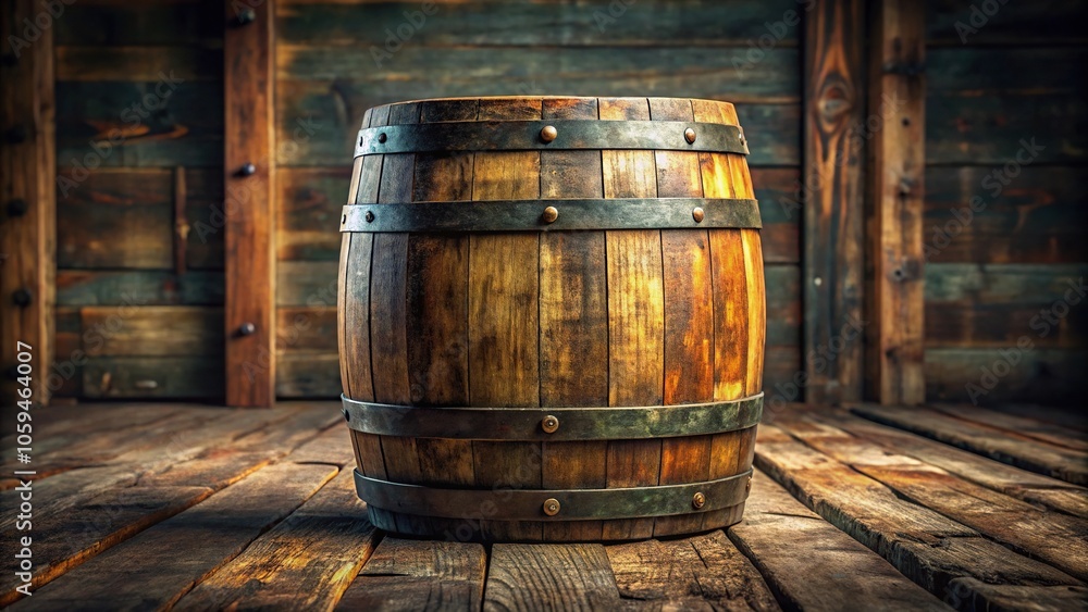 Old whiskey barrel with wooden staves and rusty metal bands sitting on a rustic wooden floor, old wood, rustic decor, whiskey barrel Old whiskey barrel with wooden staves and rusty metal bands sitting on a rustic wooden floor, old wood, rustic decor, whiskey barrel