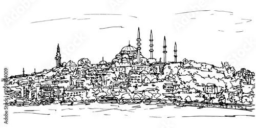 Wide span over the Golden Horn of Istanbul. View from the embankment in from Azapkap? Sahil Park near Ataturk Bridge to the opposite shore with houses and Suleymaniye Mosque in the center