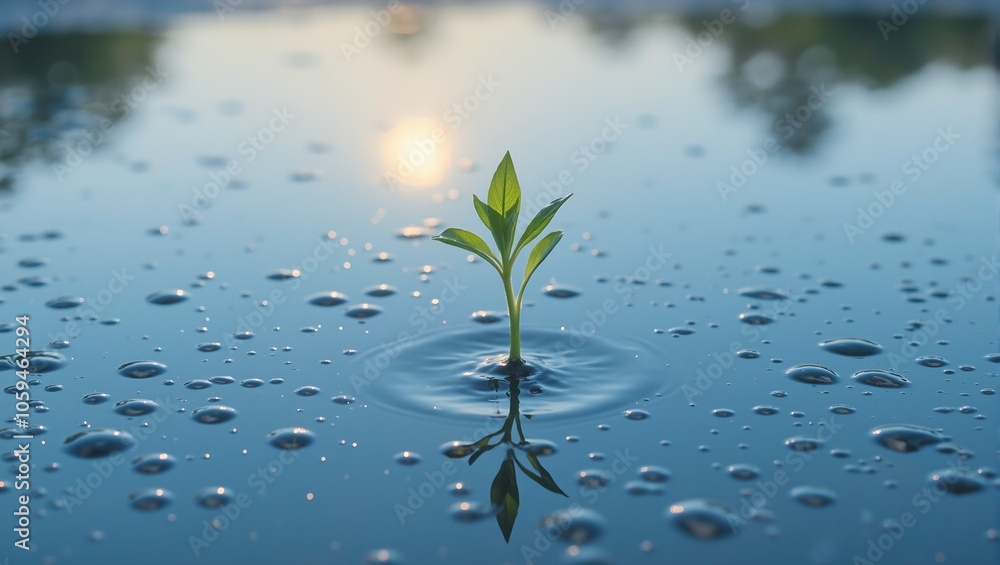 Tiny sprout in rain puddle under blue sky Tiny sprout in rain puddle under blue sky