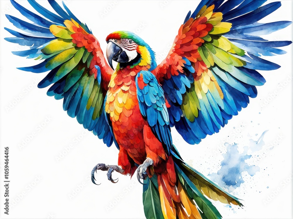 Obraz premium A vibrant watercolor illustration of a colorful parrot with outstretched wings.
