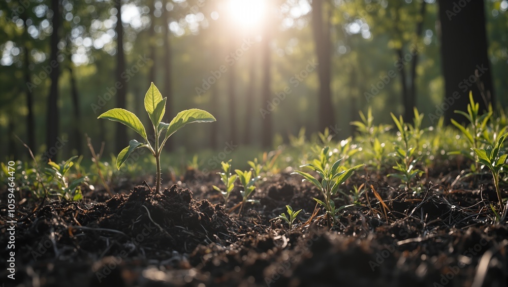 Fresh sapling in forest clearing sunlight rays shining through canopy Fresh sapling in forest clearing sunlight rays shining through canopy