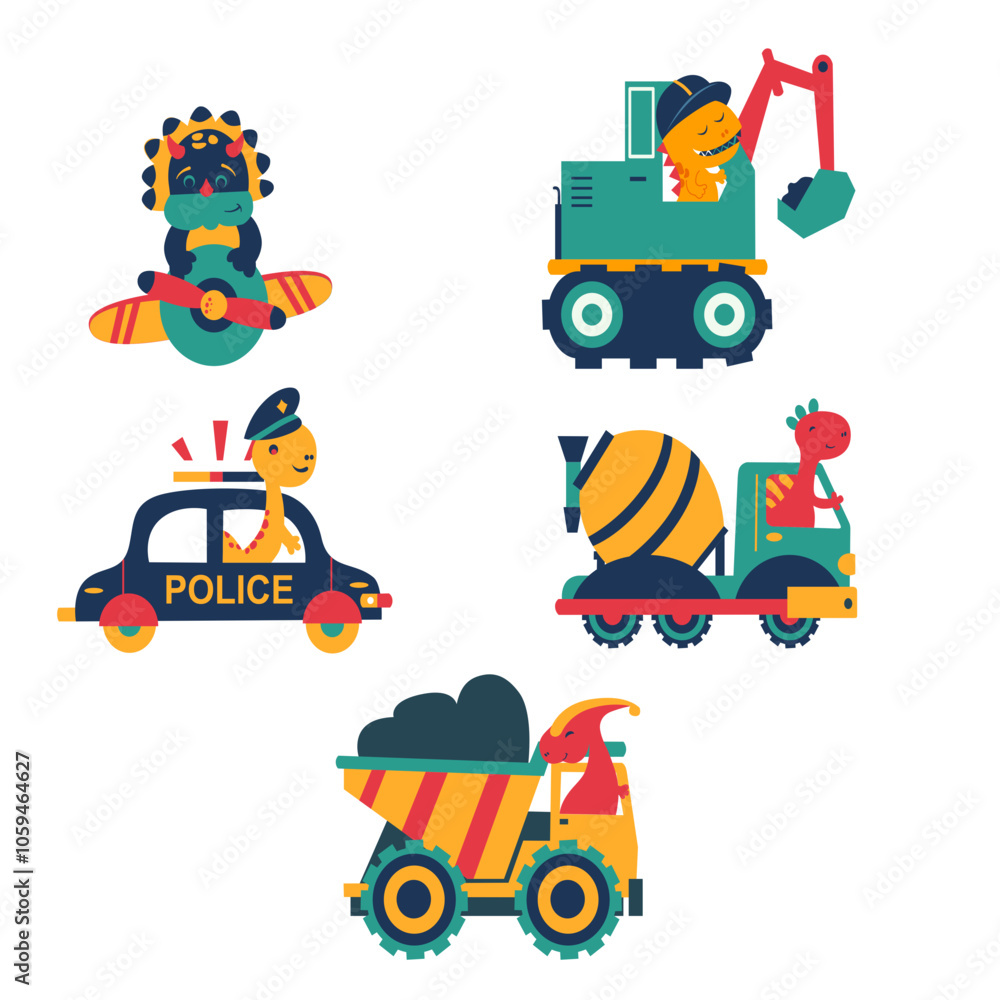 Naklejka premium Bright Cartoon Dinosaurs Operating Construction Vehicles and Police Car